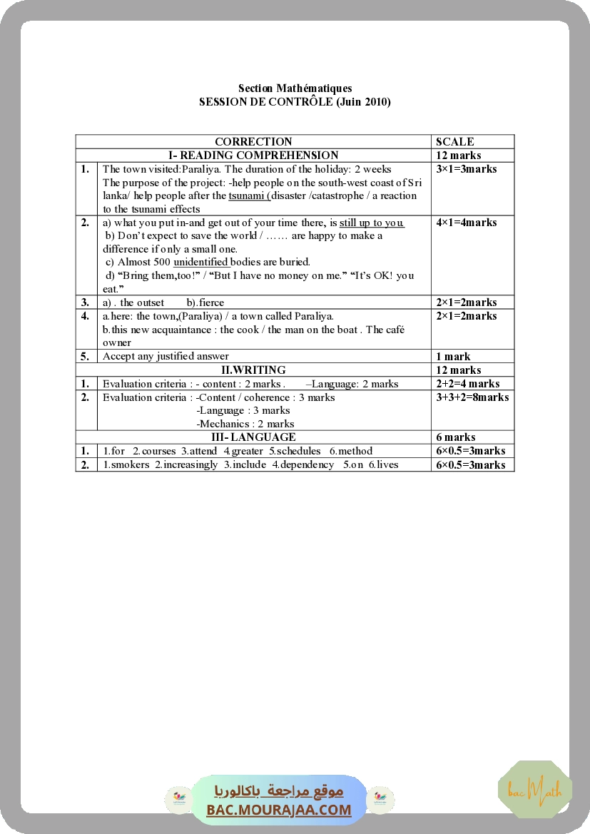 Corrigé controle anglais Bac 2010 – Section math